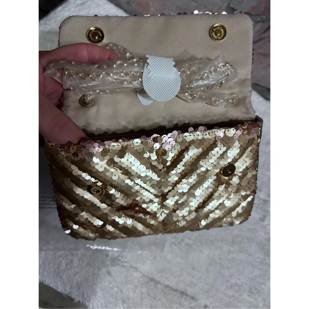 Nicole Miller Evening Bag Gold Mermaid Sequin Convertible Clutch Gold Chain Stra